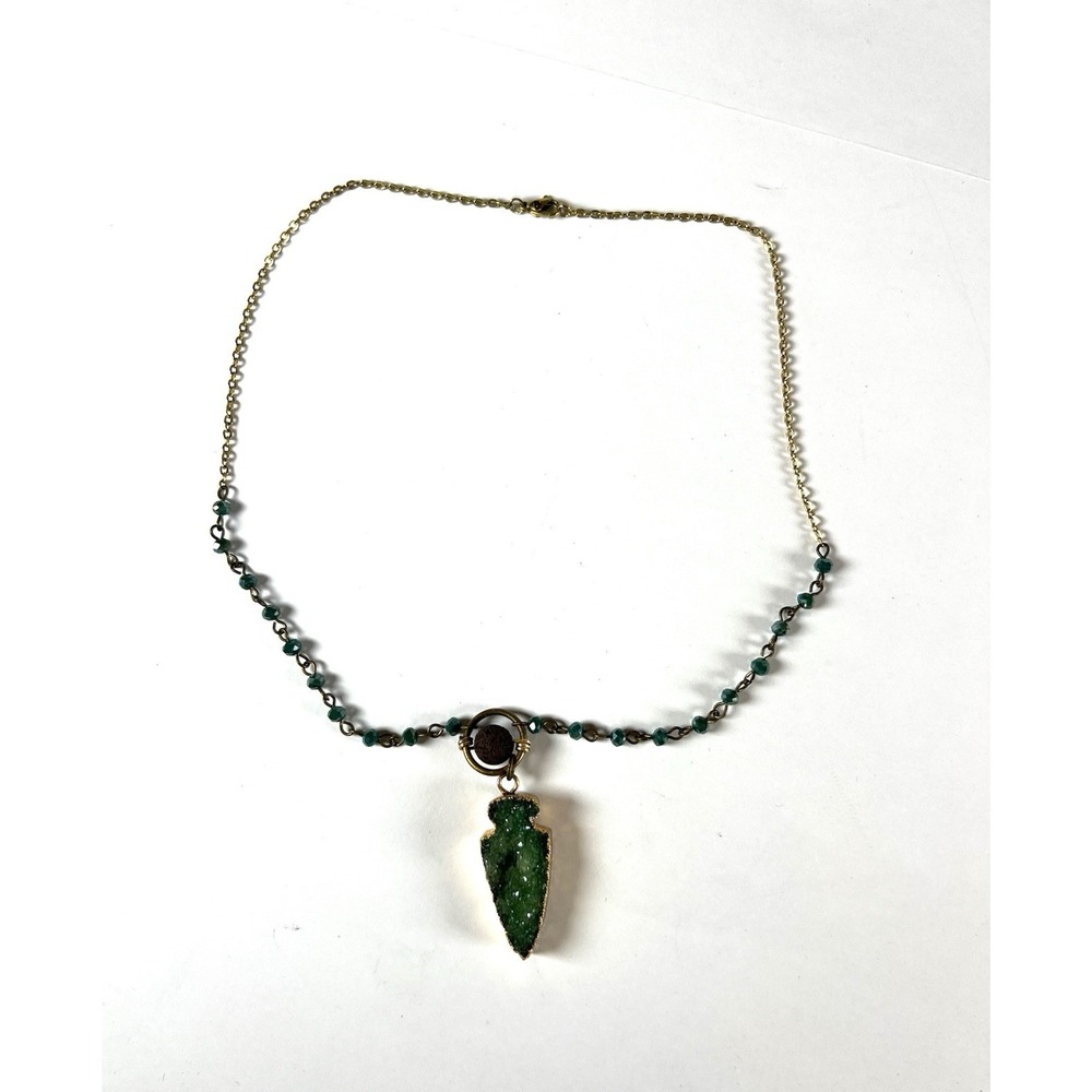 Green Druzy Arrowhead Shaped Pendant Necklace Lava Rock & Beaded Chain